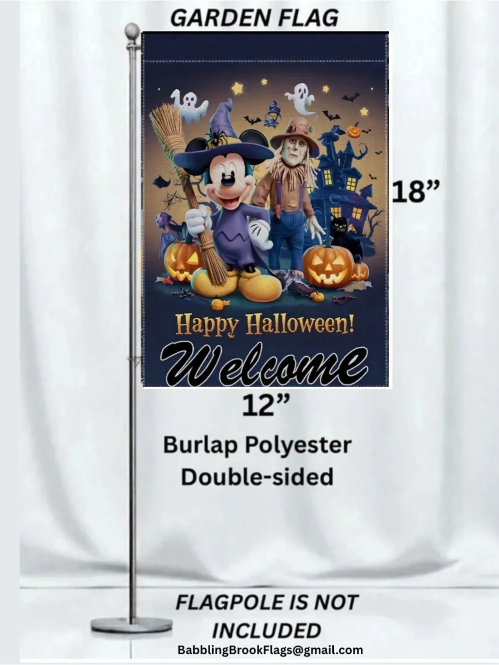 Halloween Mickey Mouse Garden Flag, approximately 12”x18”, burlap
